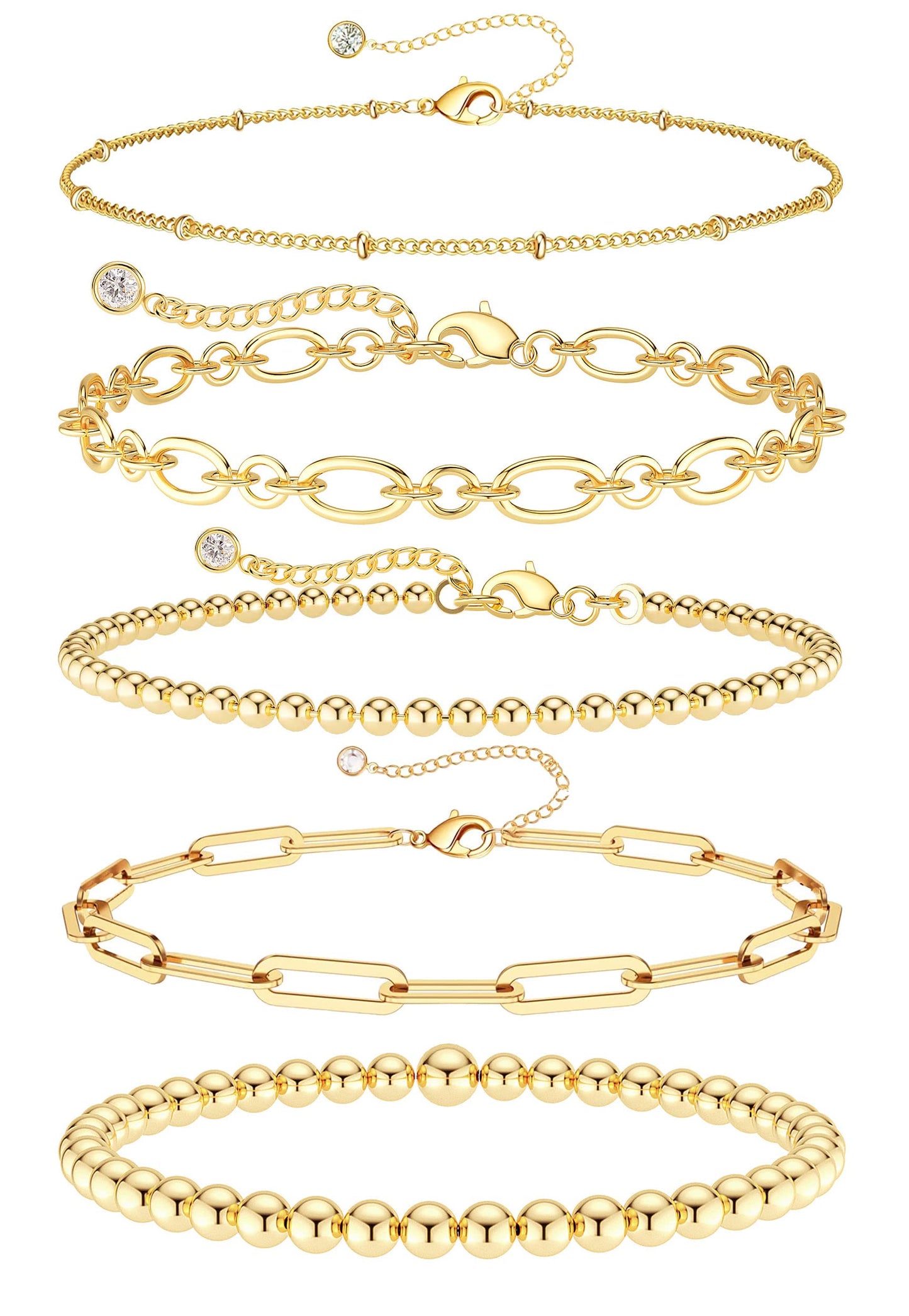 Kryssable Collection Gold Bracelets Set for Women 14K Real Gold Plated Jewelry Fashion Stackable Tennis Beaded Figaro Herringbone Paperclip Link Bracelet Pack Stack Gifts for Women