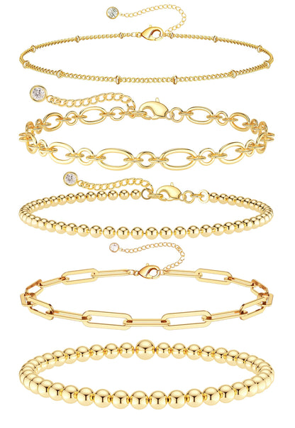 Kryssable Collection Gold Bracelets Set for Women 14K Real Gold Plated Jewelry Fashion Stackable Tennis Beaded Figaro Herringbone Paperclip Link Bracelet Pack Stack Gifts for Women