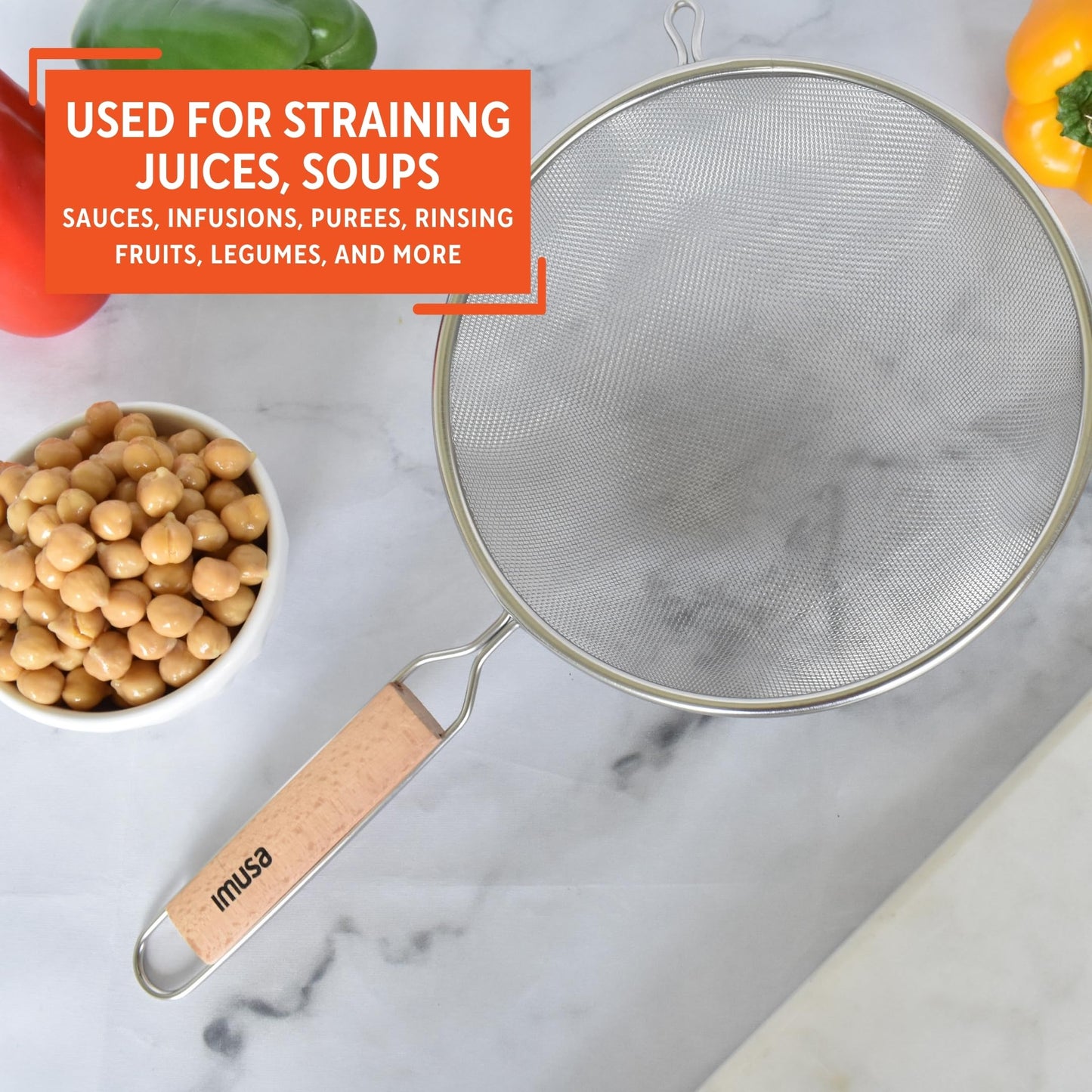 Black 6-inch plastic kitchen strainer by Aura Restored, designed for draining and sifting in cooking tasks.