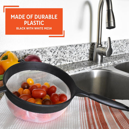 Black 6-inch plastic kitchen strainer by Aura Restored, ideal for draining and sifting in cooking and baking.