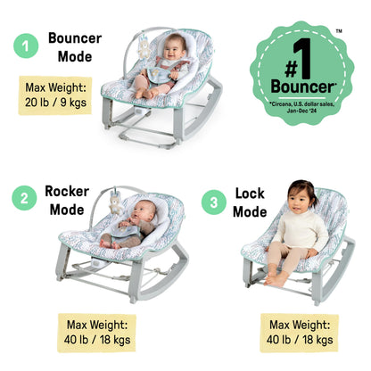 Aura Restored Ingenuity Keep Cozy 3-in-1 baby bouncer with toy bar, vibrating seat, and rocker for infants to toddlers up to 40 lbs.
