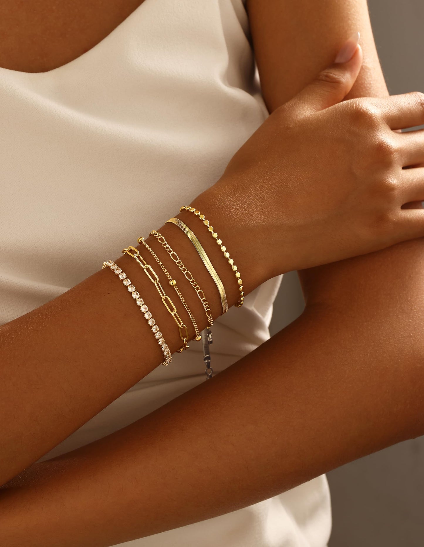 Kryssable Collection Gold Bracelets Set for Women 14K Real Gold Plated Jewelry Fashion Stackable Tennis Beaded Figaro Herringbone Paperclip Link Bracelet Pack Stack Gifts for Women
