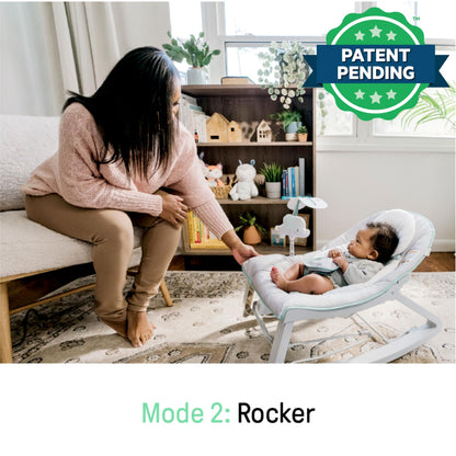 Aura Restored Ingenuity Keep Cozy 3-in-1 baby bouncer with toy bar, vibrating seat, and toddler rocker for infants to 30 months.