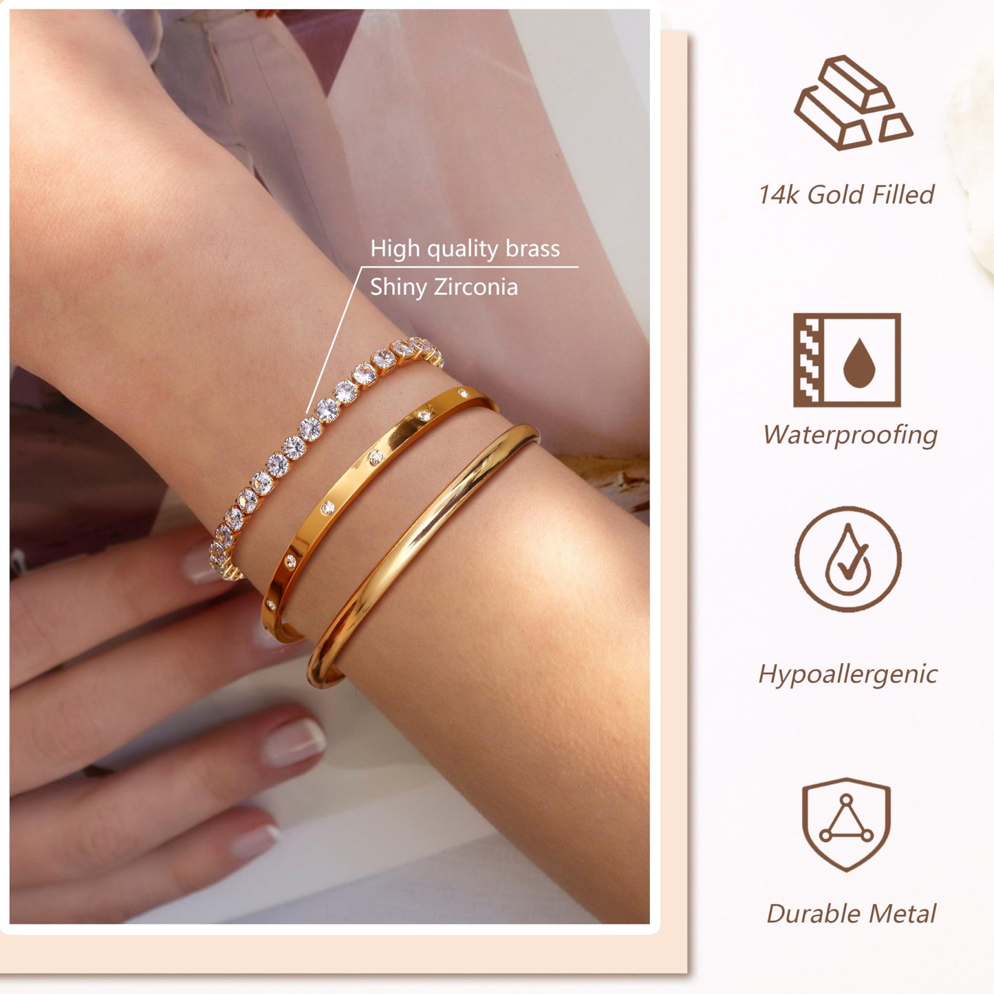 Kryssable Collection 14k Gold Plated Bangle Cuff Chain Bracelets