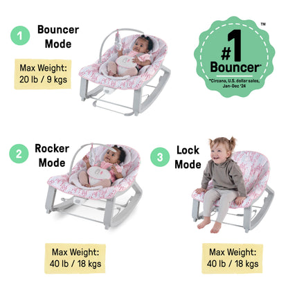 Aura Restored Ingenuity Keep Cozy 3-in-1 baby bouncer with toy bar, vibrating seat, infant to toddler rocker for ages 0-30 months