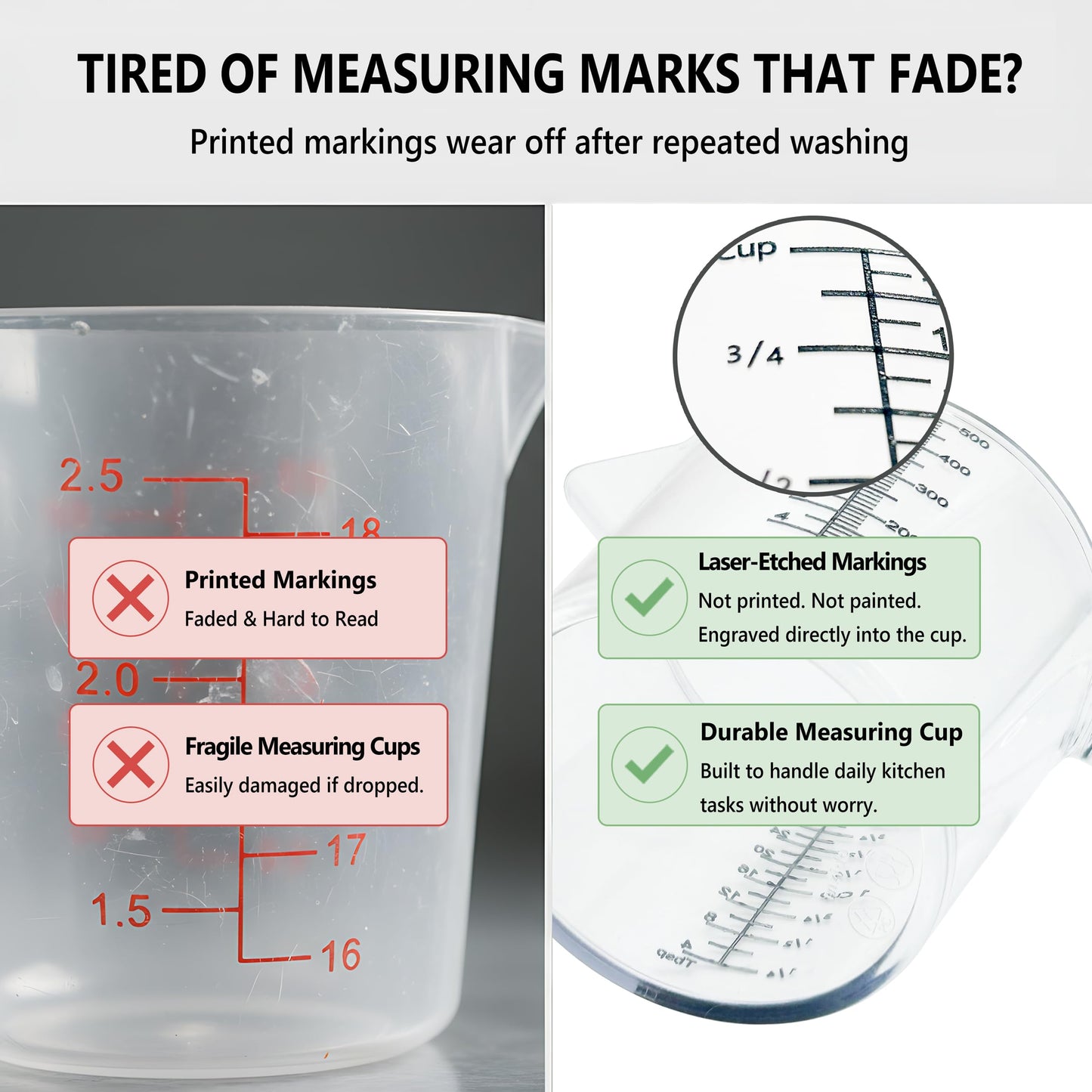 Laser-Etched Measuring Cup Set, 16 oz & 8 oz Cup Clear Plastic