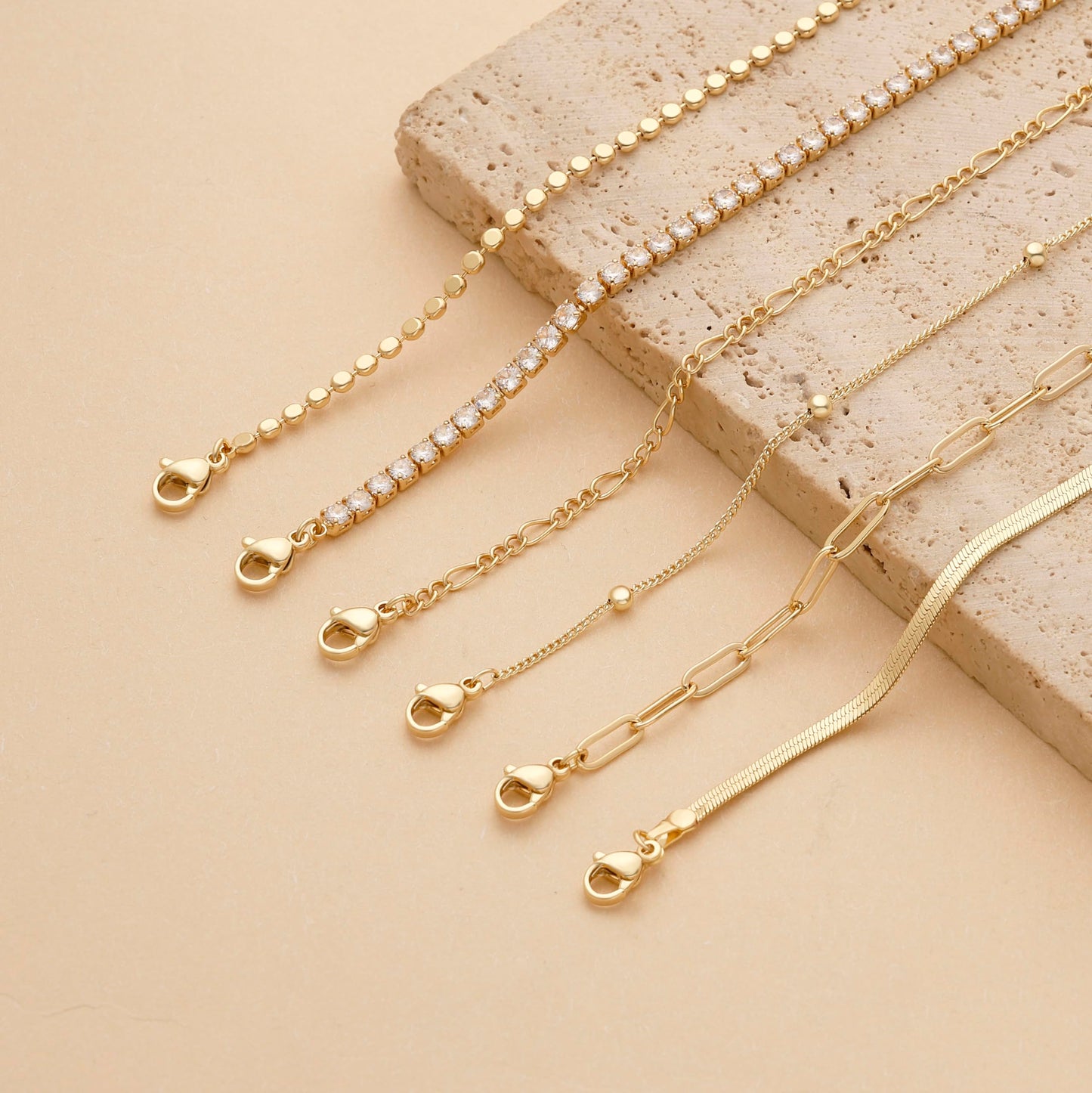 Kryssable Collection Gold Bracelets Set for Women 14K Real Gold Plated Jewelry Fashion Stackable Tennis Beaded Figaro Herringbone Paperclip Link Bracelet Pack Stack Gifts for Women