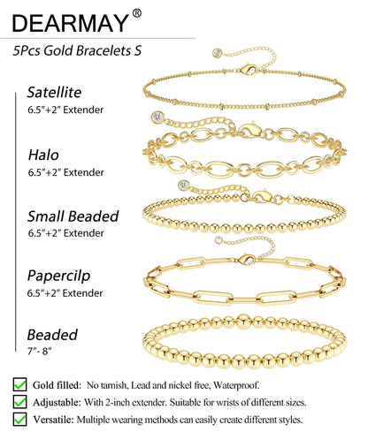 Kryssable Collection Gold Bracelets Set for Women 14K Real Gold Plated Jewelry Fashion Stackable Tennis Beaded Figaro Herringbone Paperclip Link Bracelet Pack Stack Gifts for Women