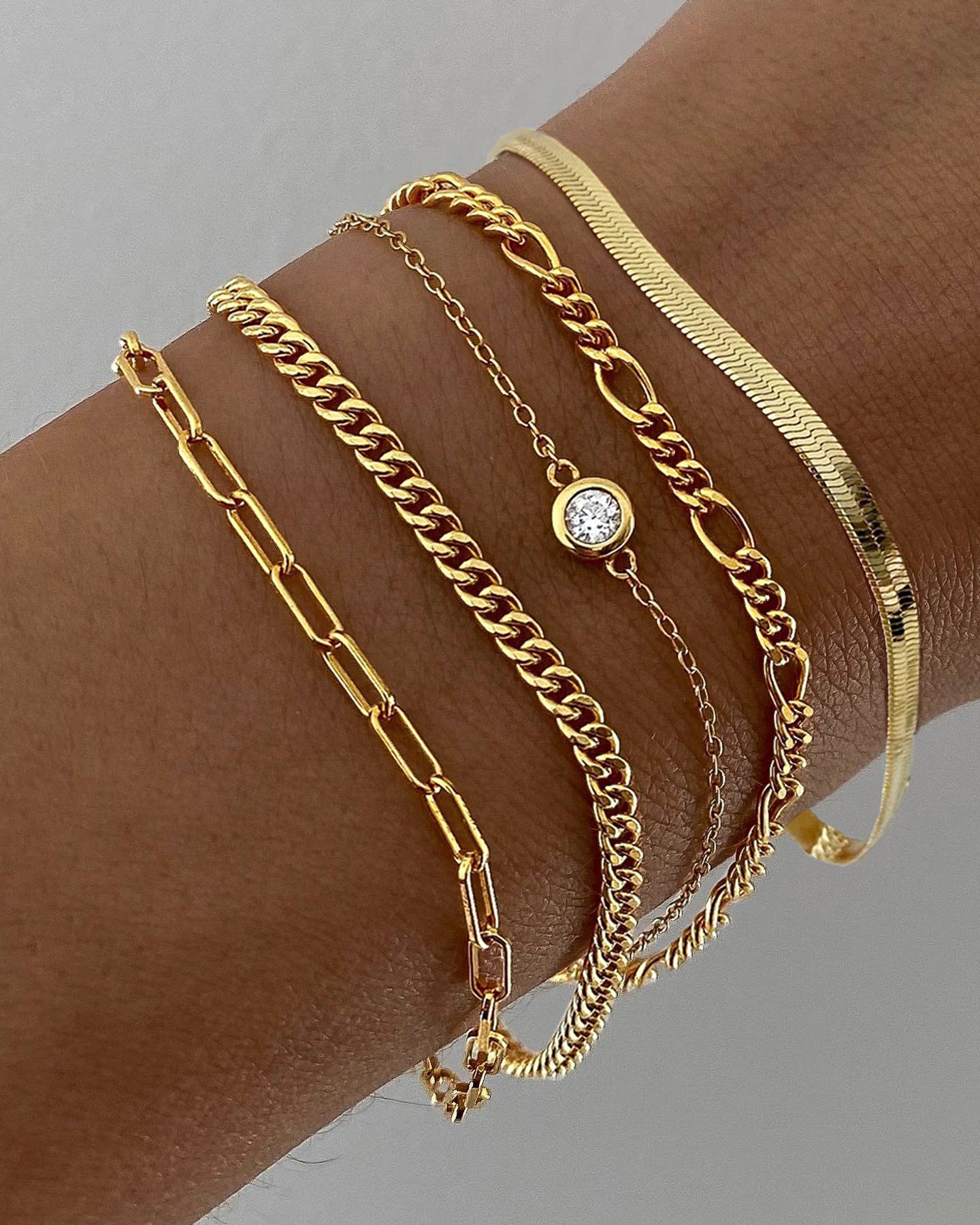 Kryssable Collection Gold Bracelets Set for Women 14K Real Gold Plated Jewelry Fashion Stackable Tennis Beaded Figaro Herringbone Paperclip Link Bracelet Pack Stack Gifts for Women