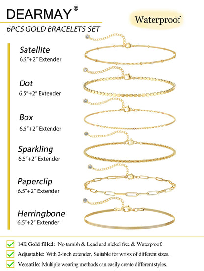 Kryssable Collection Gold Bracelets Set for Women 14K Real Gold Plated Jewelry Fashion Stackable Tennis Beaded Figaro Herringbone Paperclip Link Bracelet Pack Stack Gifts for Women