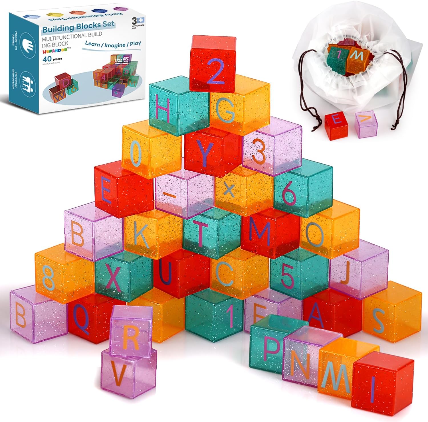Aura Restored 40-piece toddler building blocks learning kit with ABC and number stacking blocks for early education and play.