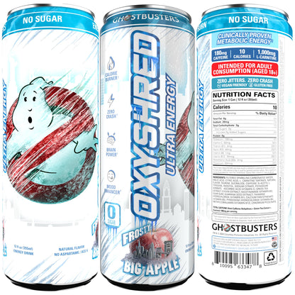 EHP Labs x Ghostbusters OxyShred Healthy Energy Drink - Zero Sugar Energy Drinks, Green Tea Extract, Vitamin C & L Carnitine - Zero Carbs, Zero Calories, Clean Caffeine - Frosty Big Apple (12-Pack)