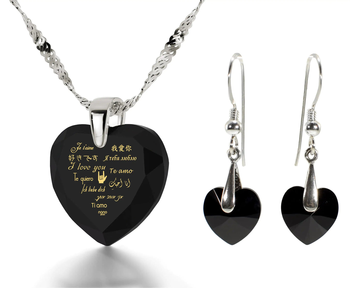 925 Silver I Love You Necklace 12 Languages Gold Inscribed and Crystal Earrings Heart Jewelry Set Aura Restored