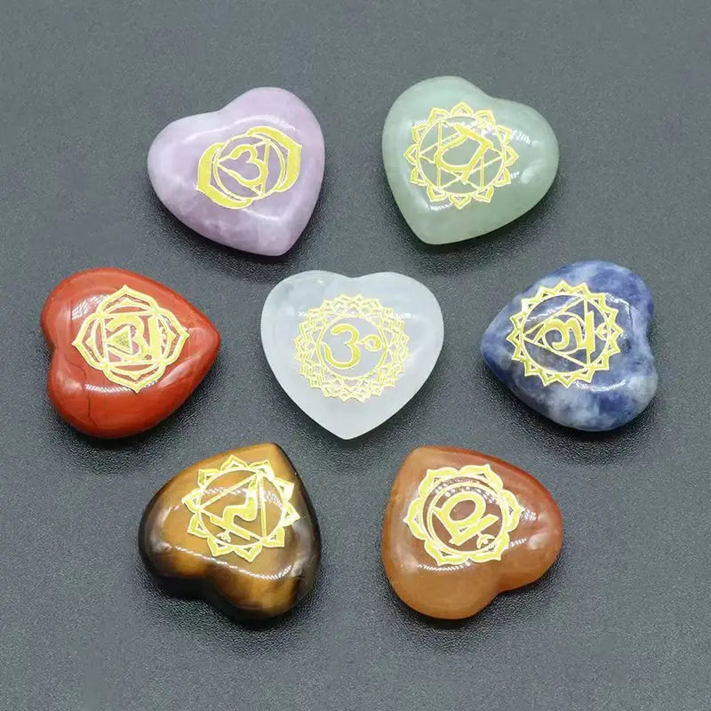 7Pcs Heart Chakra Natural Crystal Stones Quartz Set Engraved Symbols Yoga Stone for Jewelry Making Reiki Healing Meditation Aura Restored