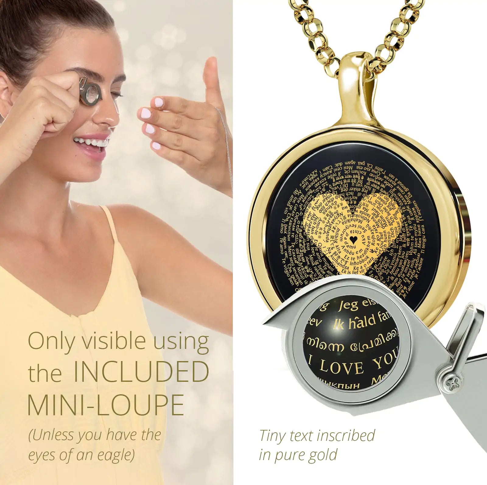 I Love You Necklace Inscribed in 120 Languages with 24k Gold on Onyx and Crystal Heart Earrings Jewelry Set Aura Restored