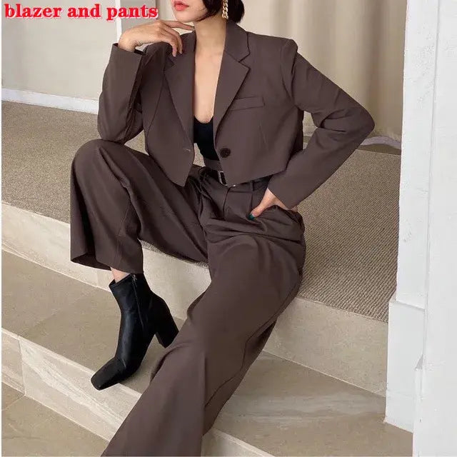 GOP Two Piece Set Women Long Sleeve Short Blazer + High Waist Wide Leg Aura Restored