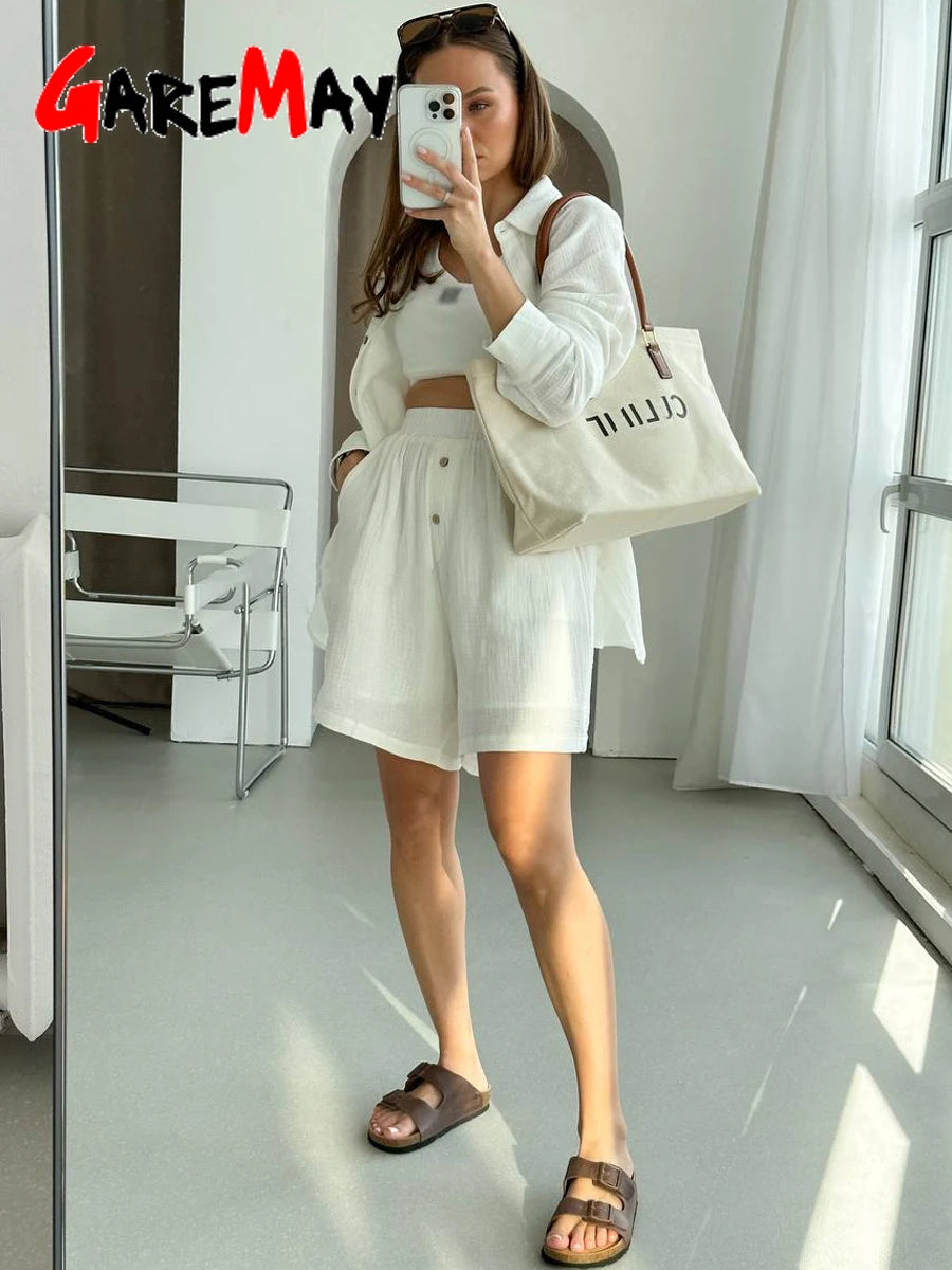 Casual Loose Women's Summer Cotton Suit 100% Long Sleeve Two Piece Set Women Tracksuit Suit Shirt and Shorts for Women 2024 Aura Restored