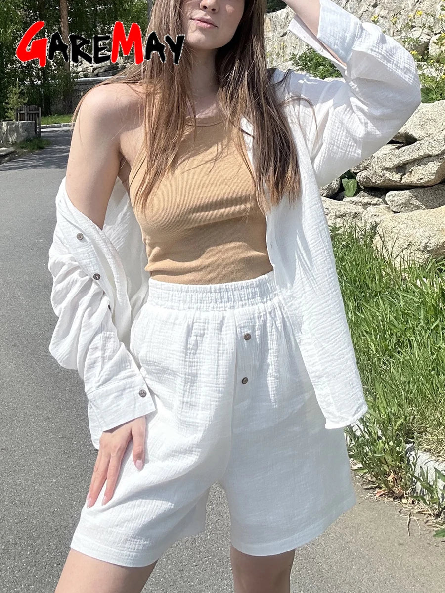 Casual Loose Women's Summer Cotton Suit 100% Long Sleeve Two Piece Set Women Tracksuit Suit Shirt and Shorts for Women 2024 Aura Restored