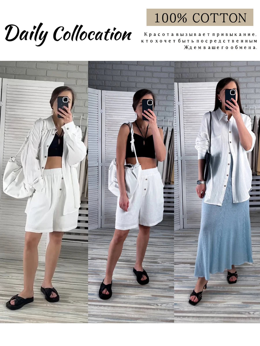 Casual Loose Women's Summer Cotton Suit 100% Long Sleeve Two Piece Set Women Tracksuit Suit Shirt and Shorts for Women 2024 Aura Restored