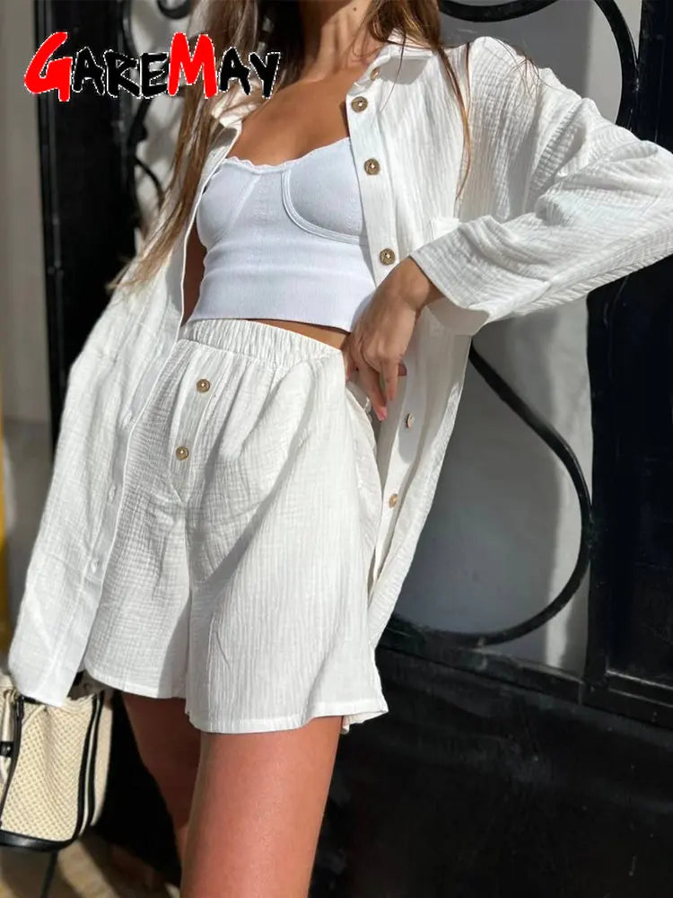 Casual Loose Women's Summer Cotton Suit 100% Long Sleeve Two Piece Set Women Tracksuit Suit Shirt and Shorts for Women 2024 Aura Restored