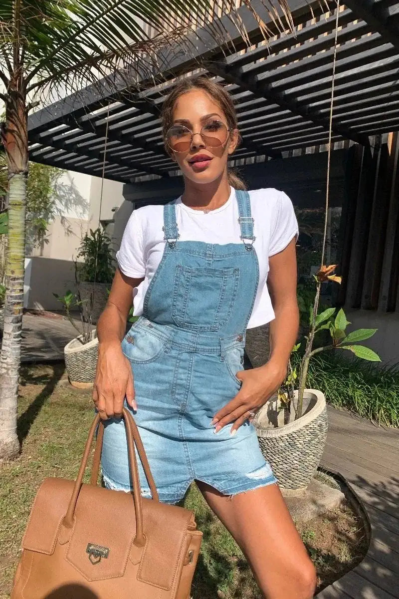 Vintage Light Blue Distressed Hem Pinafore Denim Dress Aura Restored