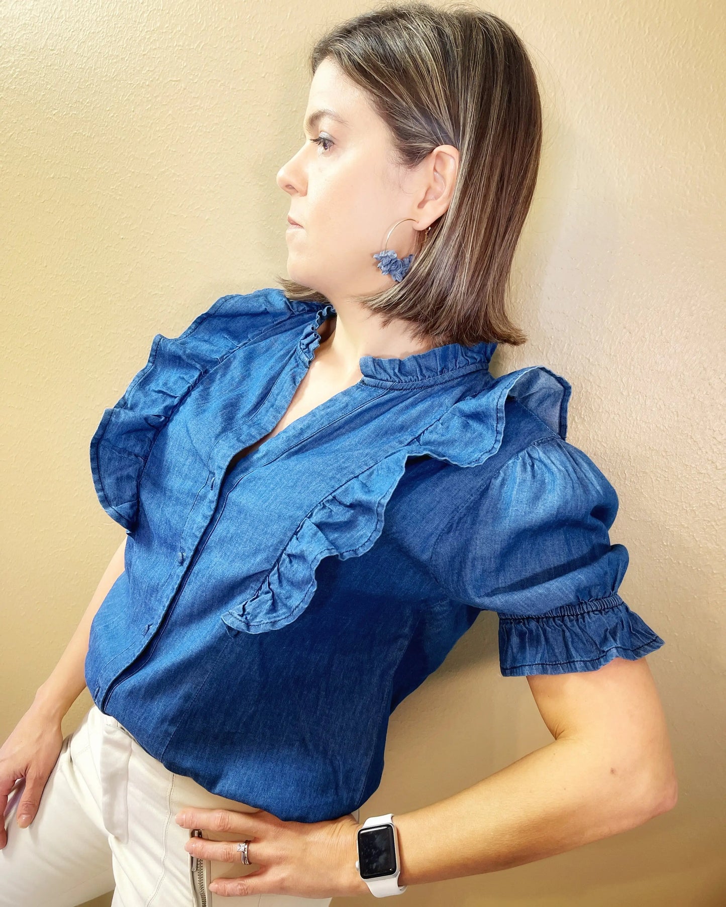 9DF Ruffle Denim Top Aura Restored