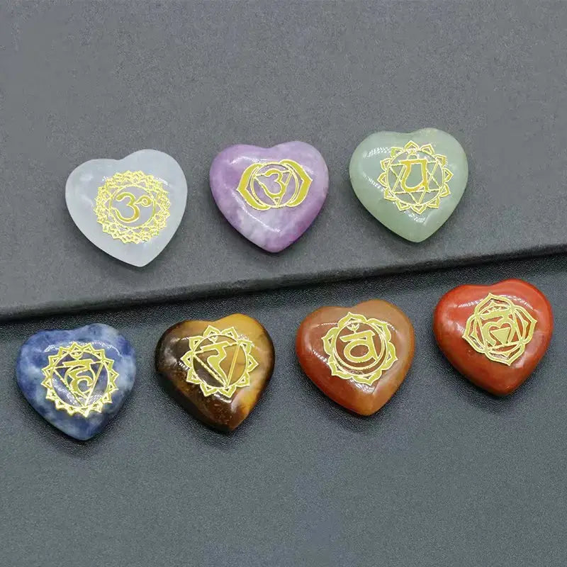 7Pcs Heart Chakra Natural Crystal Stones Quartz Set Engraved Symbols Yoga Stone for Jewelry Making Reiki Healing Meditation Aura Restored