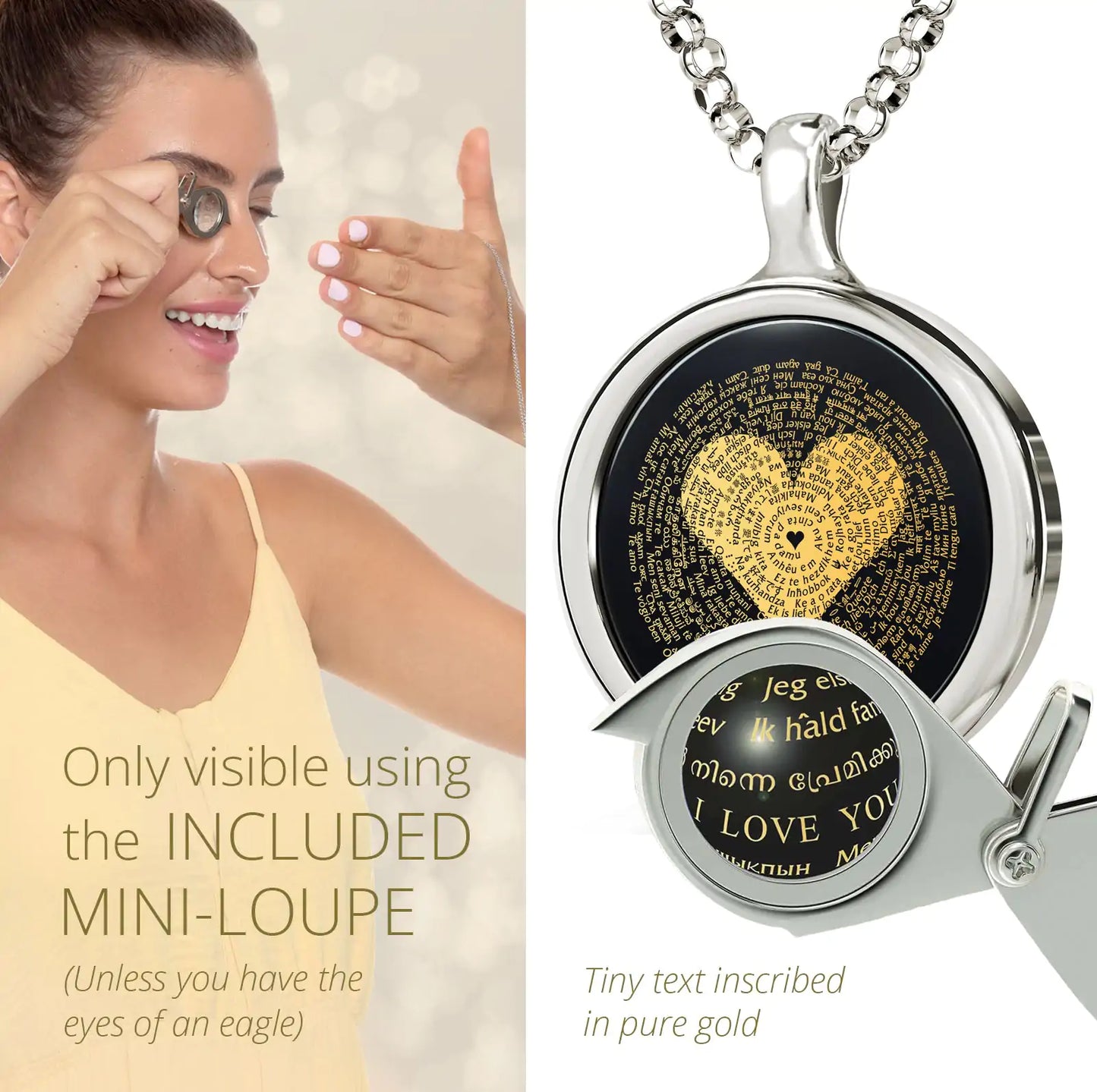 I Love You Necklace Inscribed in 120 Languages with 24k Gold on Onyx and Crystal Heart Earrings Jewelry Set Aura Restored