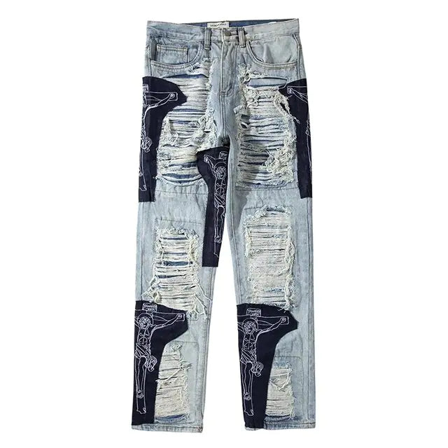 Guy Aura Men's Ripped Tassel Jeans Aura Restored