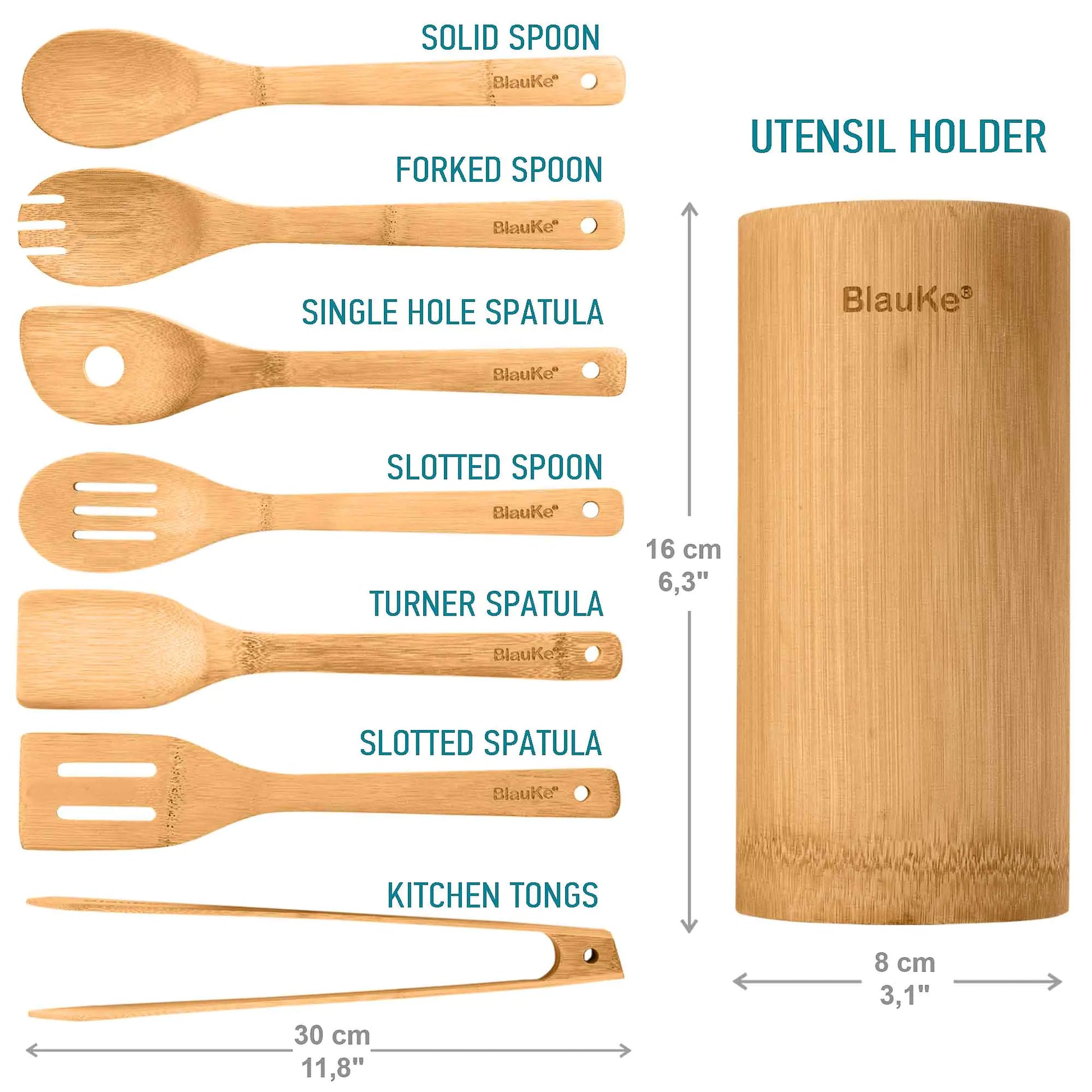 Voodoo Cuisine 8-Pack - Wooden Cooking Utensils for Nonstick Cookware - Wooden Cooking Spoons, Spatulas, Turner, Tongs, Utensil Holder Aura Restored