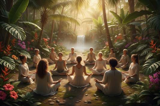 community of people in tropical environment that are conducting a meditation