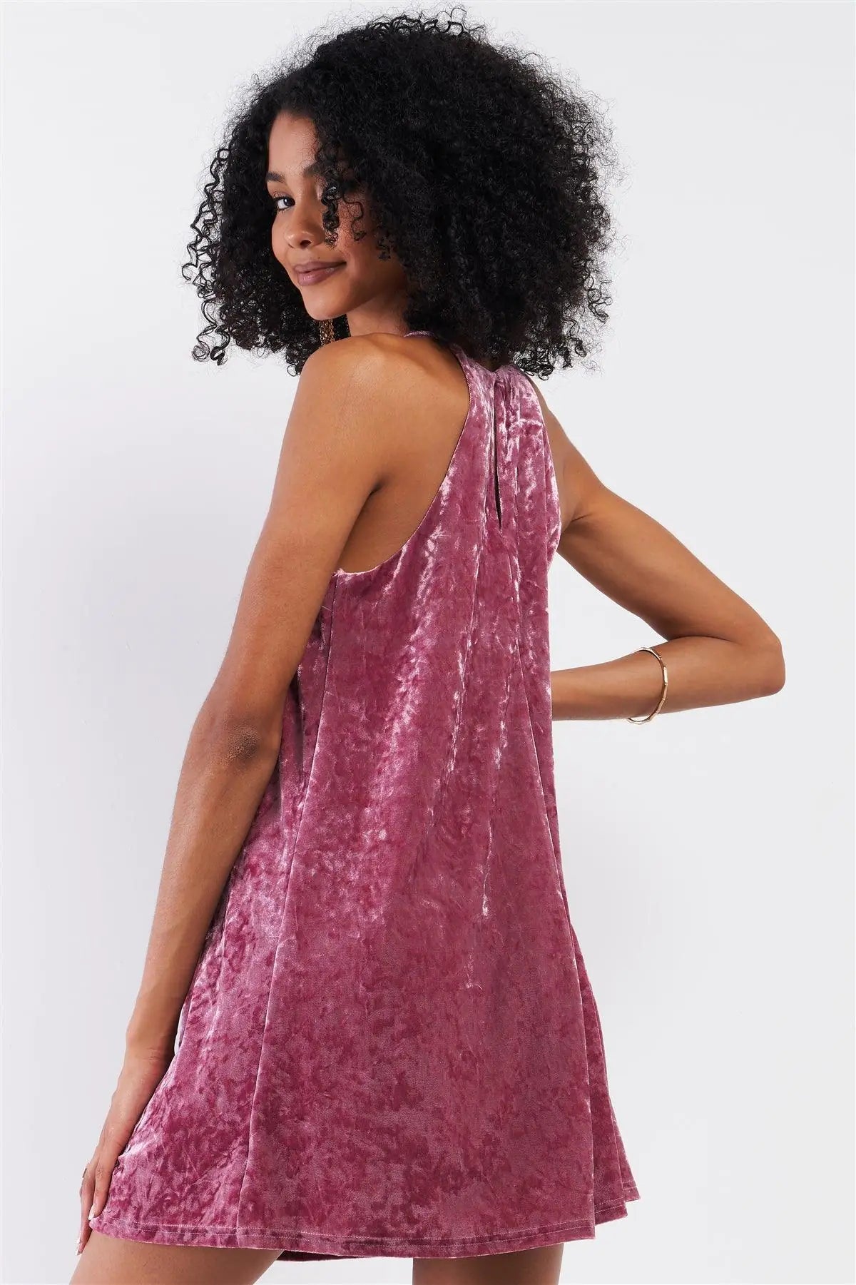 NYMY Pink Rose Velvet Square Halter Neck Mini Dress Aura Restored