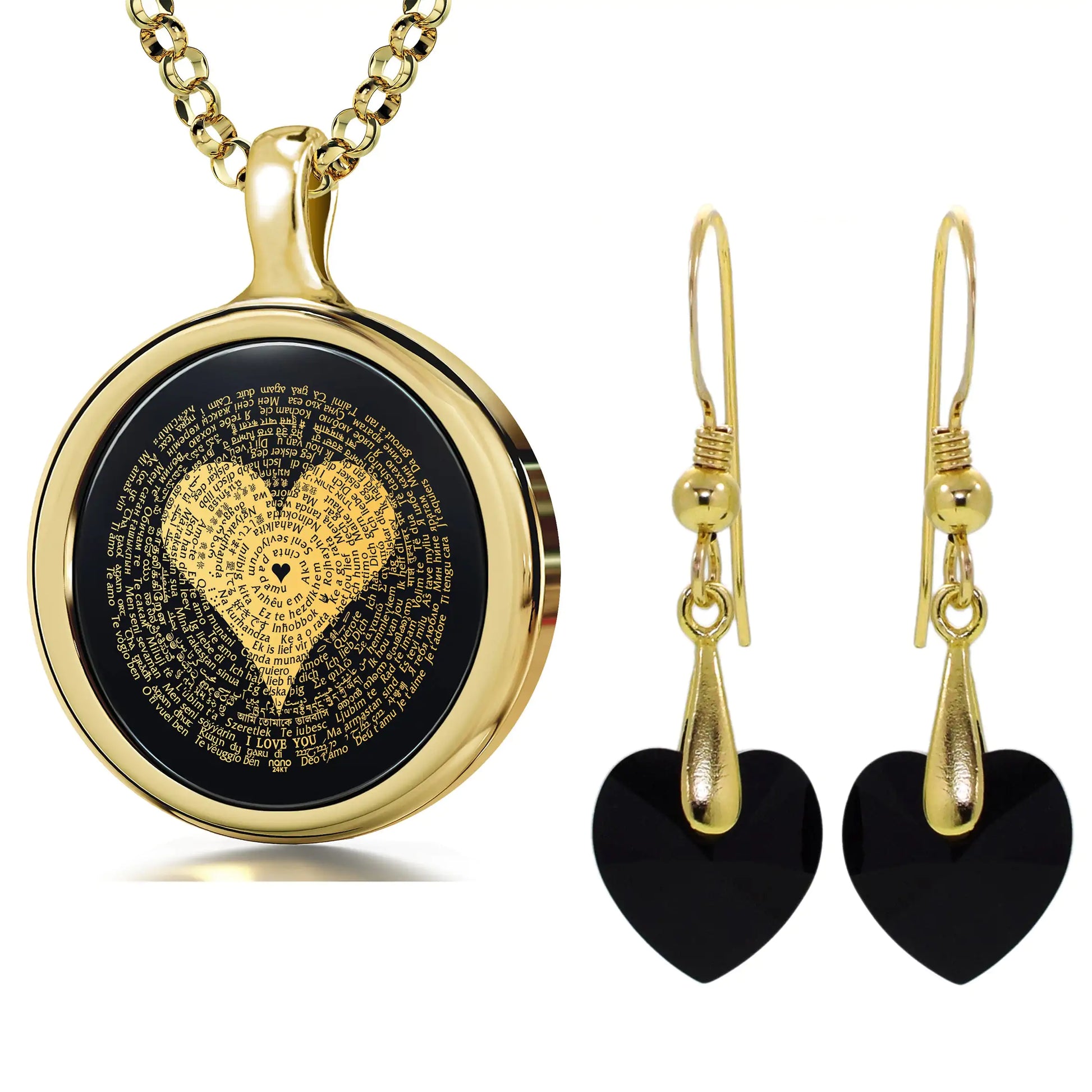 I Love You Necklace Inscribed in 120 Languages with 24k Gold on Onyx and Crystal Heart Earrings Jewelry Set Aura Restored