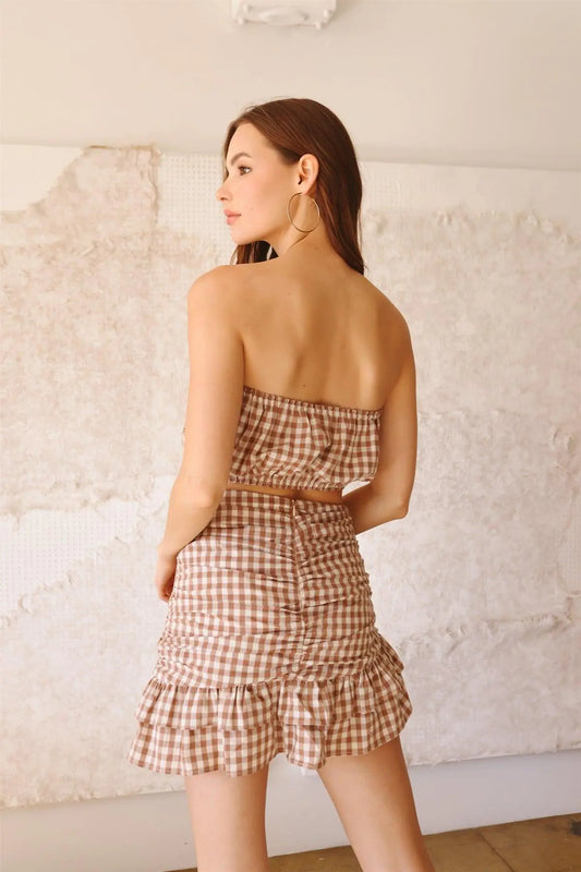 Plaid Strapless Crop Top & High Waist Flare Hem Mini Skirt Set Aura Restored