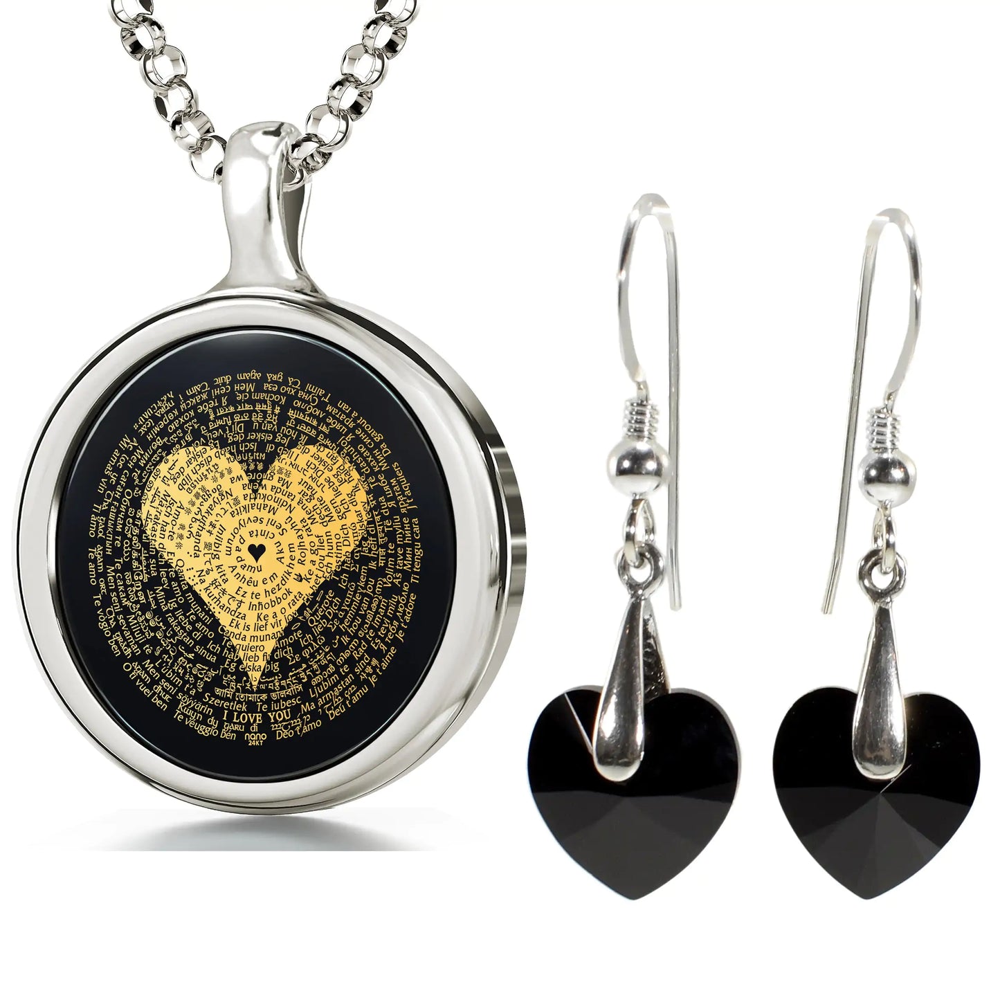 I Love You Necklace Inscribed in 120 Languages with 24k Gold on Onyx and Crystal Heart Earrings Jewelry Set Aura Restored