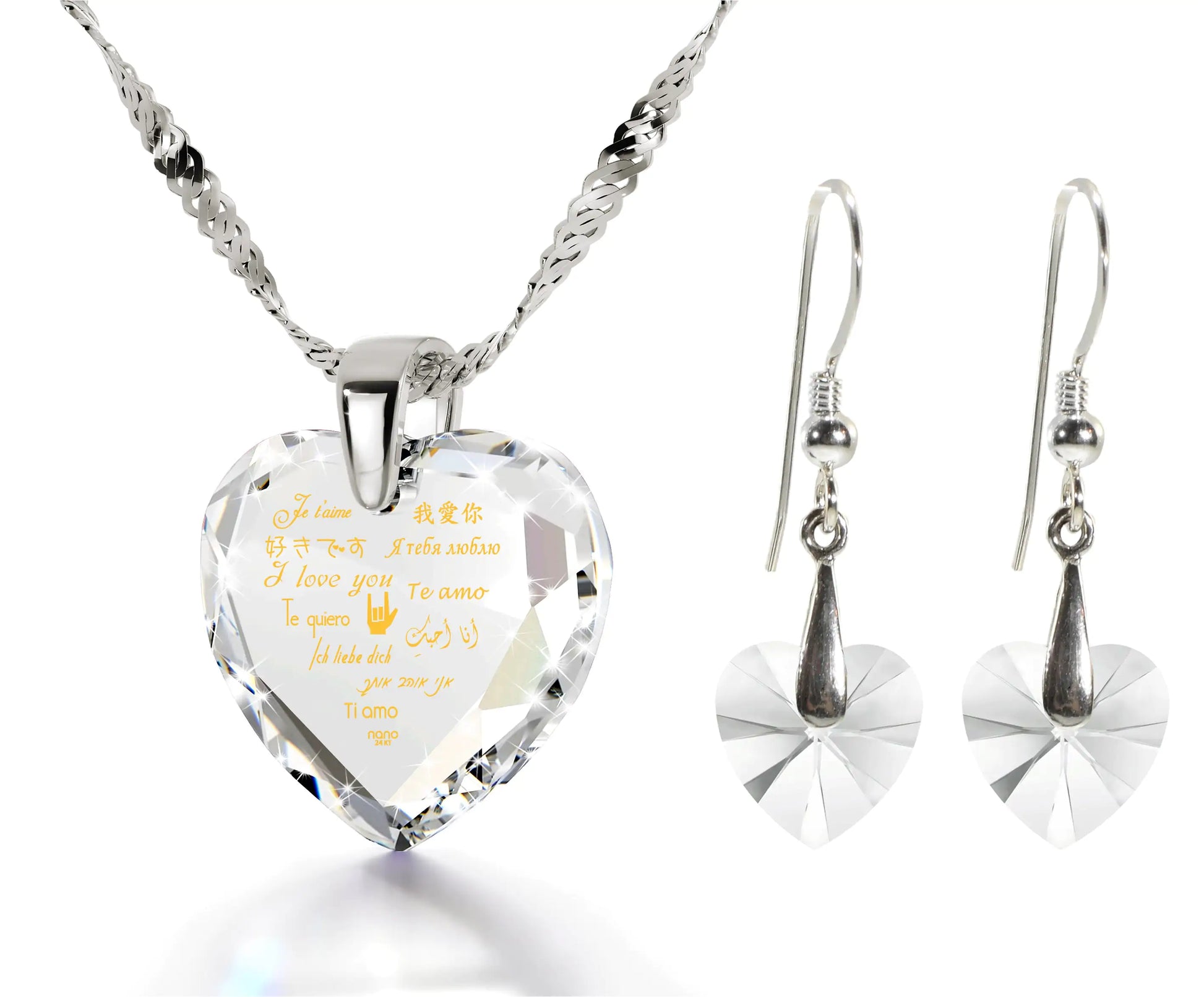 925 Silver I Love You Necklace 12 Languages Gold Inscribed and Crystal Earrings Heart Jewelry Set Aura Restored