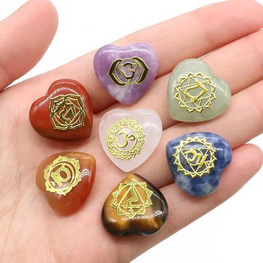 7Pcs Heart Chakra Natural Crystal Stones Quartz Set Engraved Symbols Yoga Stone for Jewelry Making Reiki Healing Meditation Aura Restored