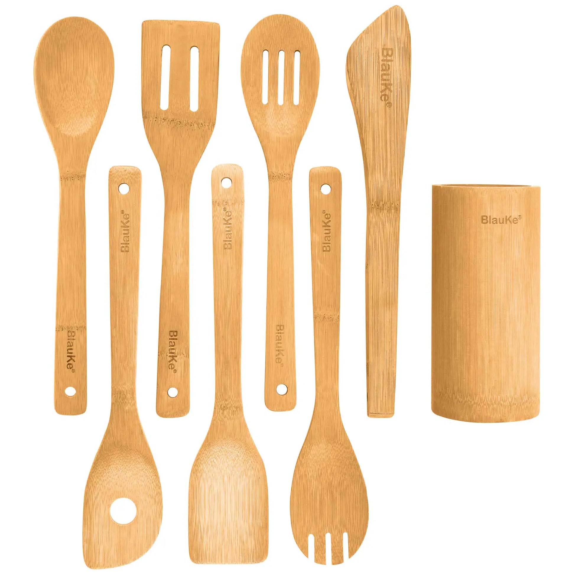 Voodoo Cuisine 8-Pack - Wooden Cooking Utensils for Nonstick Cookware - Wooden Cooking Spoons, Spatulas, Turner, Tongs, Utensil Holder Aura Restored