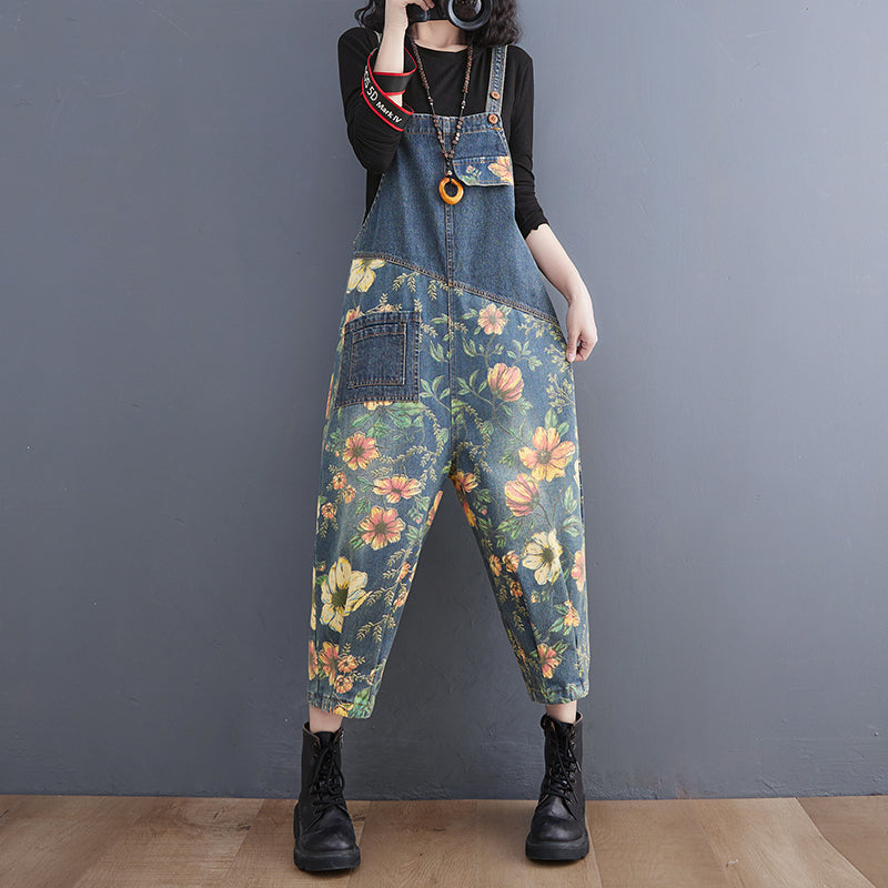 9DF Patchwork Floral Denim Jumpsuit Aura Restored