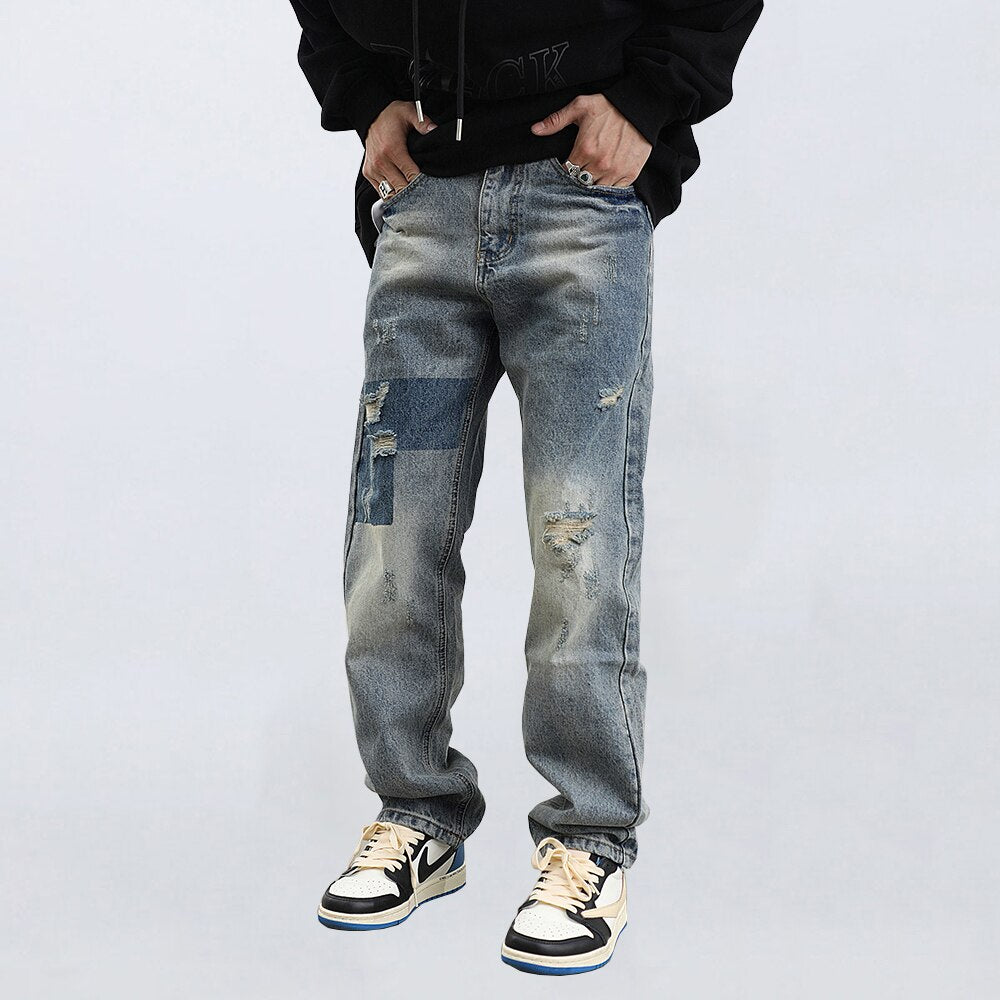 Metamo Men's Ripped Retro Loose Jeans Aura Restored