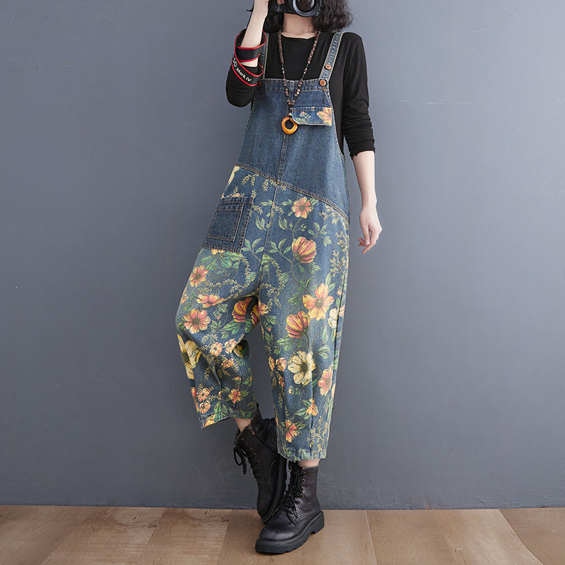 9DF Patchwork Floral Denim Jumpsuit Aura Restored