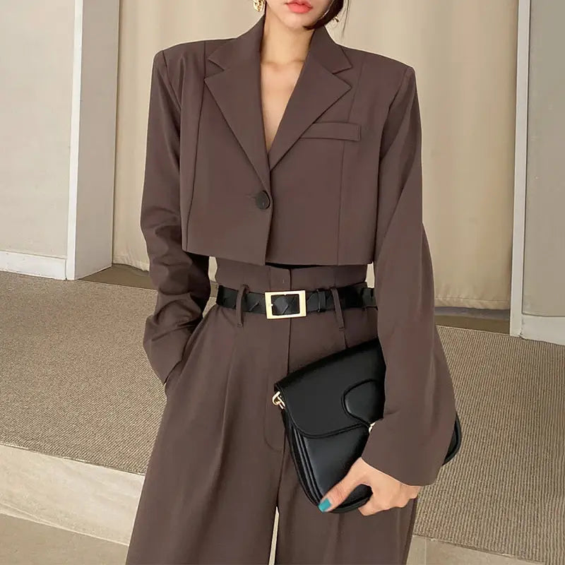 GOP Two Piece Set Women Long Sleeve Short Blazer + High Waist Wide Leg Aura Restored