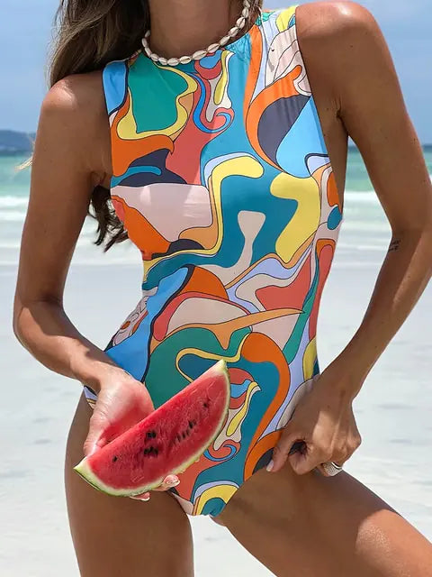 Born 2 Girl Peachtan Leaf Print Zipper One Piece Swimsuit Aura Restored