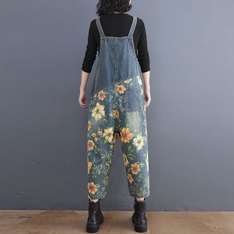 9DF Patchwork Floral Denim Jumpsuit Aura Restored