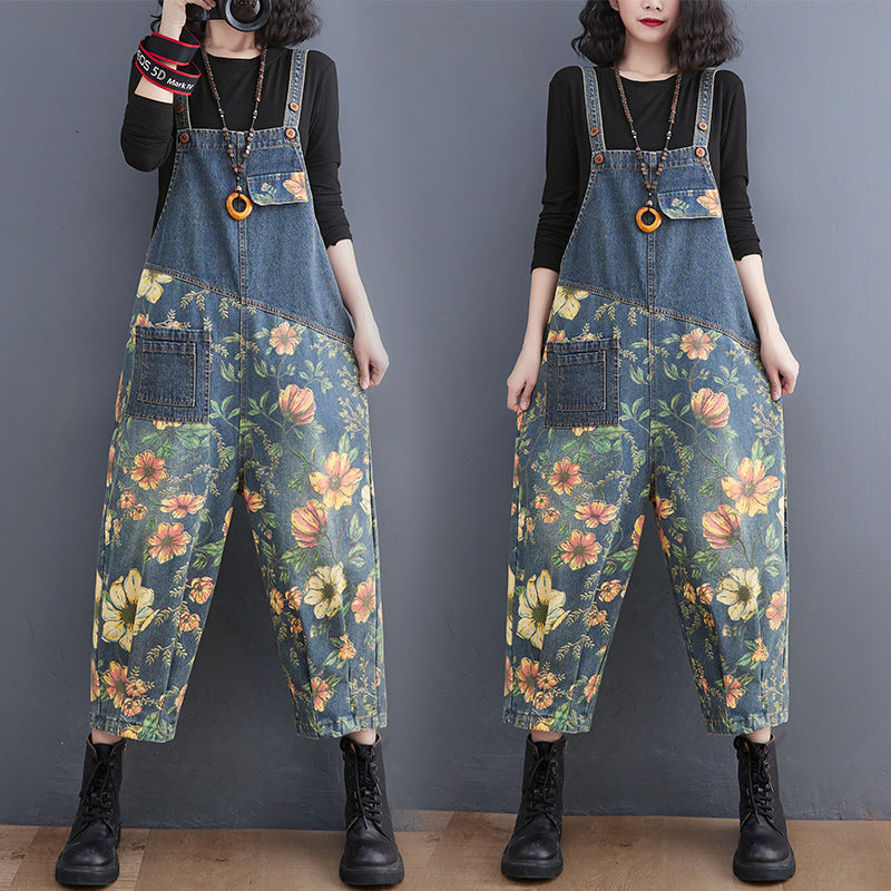 9DF Patchwork Floral Denim Jumpsuit Aura Restored