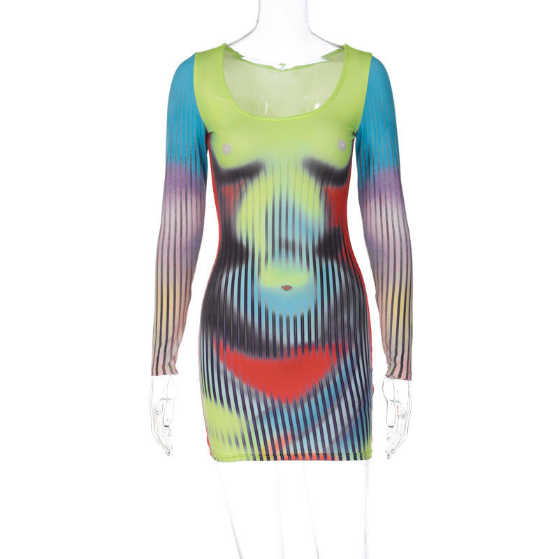 NYMY Printed Long Sleeve Bodycon Mini Dress Aura Restored