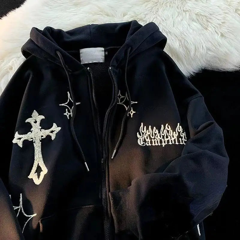 Metamo Goth Embroidery Retro Hoodies Aura Restored